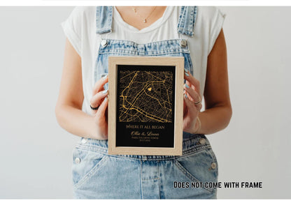 Personalised Gold Foil Map Print: Where It All Began - Custom Anniversary, Wedding & Birthday Gift