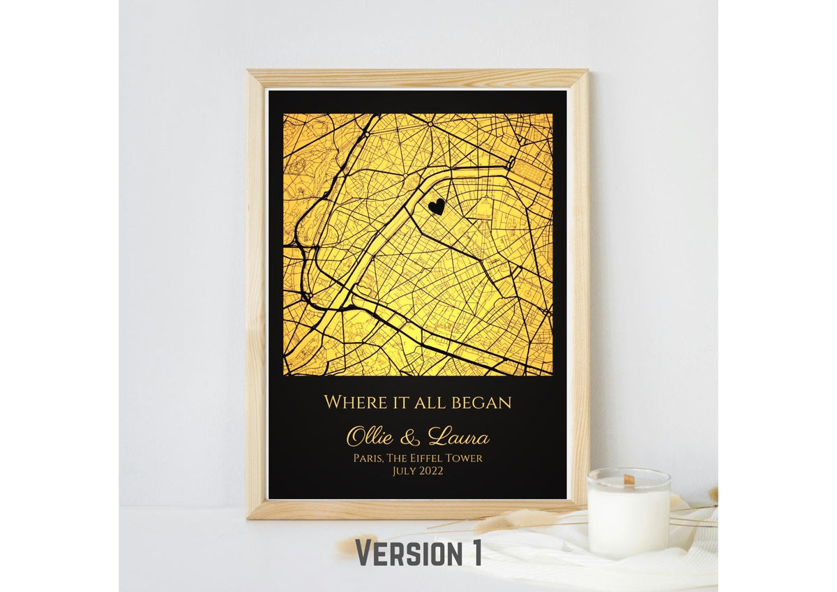Personalised Map Print with gold foil: Where It All Began - Custom Anniversary, Wedding, Graduation & Birthday Gift
