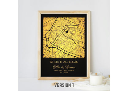 Personalised Map Print with gold foil: Where It All Began - Custom Anniversary, Wedding, Graduation & Birthday Gift