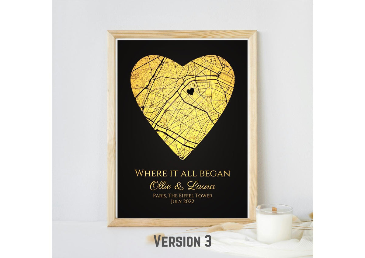 Personalised Map Print with gold foil: Where It All Began - Custom Anniversary, Wedding, Graduation & Birthday Gift