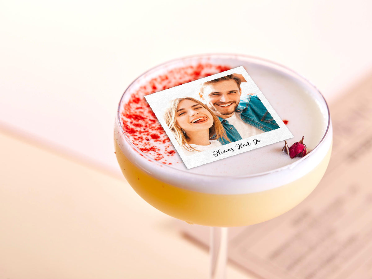 Personalised Edible Photo Cocktail Toppers - photo Polaroid style, plus custom text -Custom Wafer Sheet Party Decor for Drinks & Events
