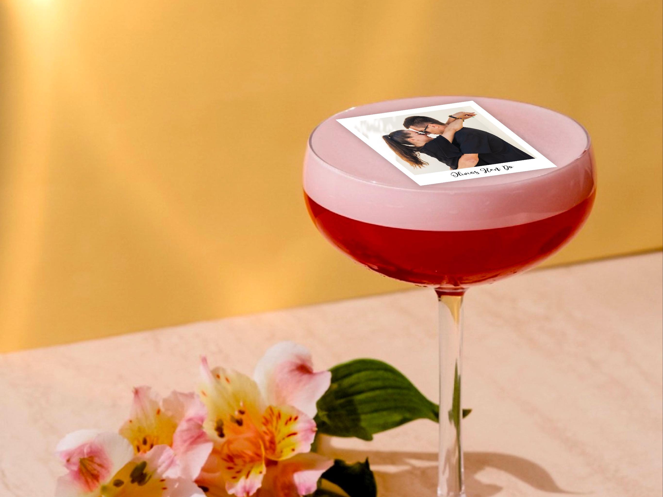 Personalised Edible Photo Cocktail Toppers - photo Polaroid style, plus custom text -Custom Wafer Sheet Party Decor for Drinks & Events