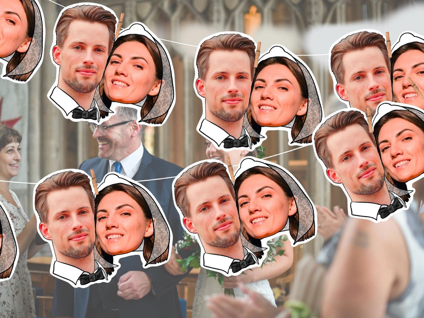 Wedding banner with custom bride and groom face cutouts – bride with veil, groom with bow tie – pegged to string in a ceremony setting. Perfect personalised decoration for weddings and receptions.