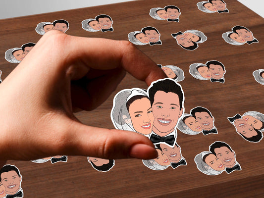 Personalised wedding confetti featuring illustrated bride and groom faces – custom cartoon couple design for table decor, celebrations, and keepsakes. Perfect for adding a unique touch to your special day.