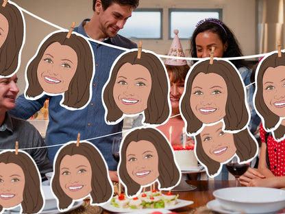 Personalised illustrated birthday banner featuring custom cartoon faces from your photo. Perfect party décor for milestone birthdays, celebrations, and special events.