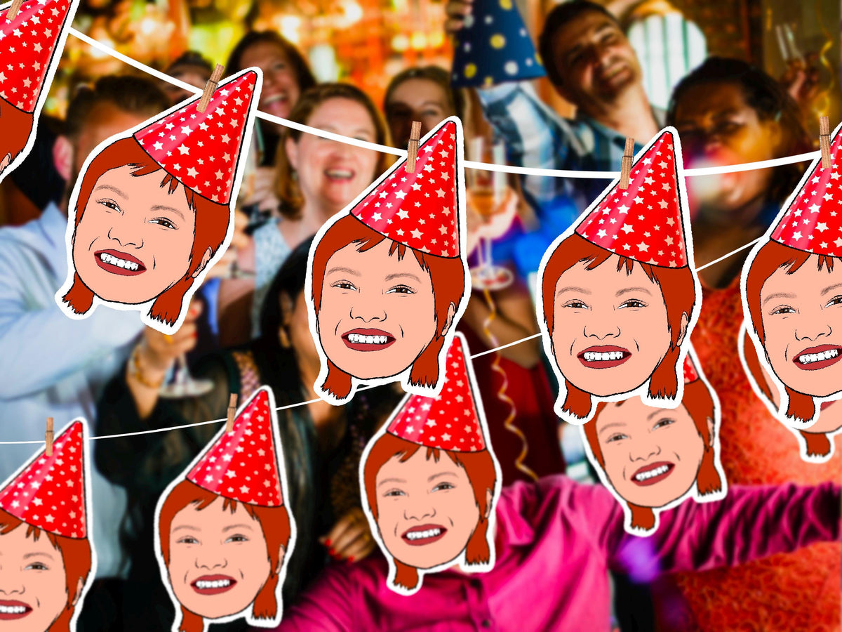 Personalised party banner with custom cartoon faces wearing red star party hats. Handmade from your photo – perfect for birthdays, New Year’s Eve, and celebrations.