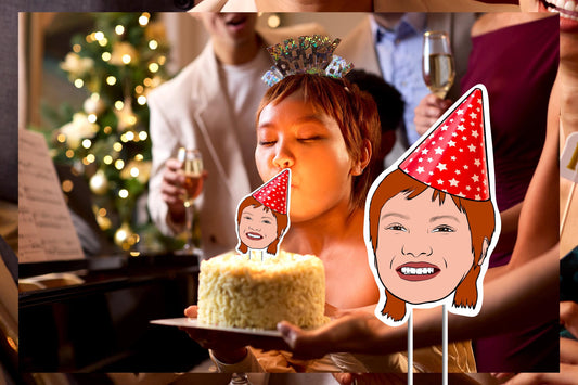 Personalised illustrated face cake topper with red star party hat – custom photo-to-cartoon design. Perfect for birthdays, celebrations, and special events. Unique keepsake decoration for cakes and parties.