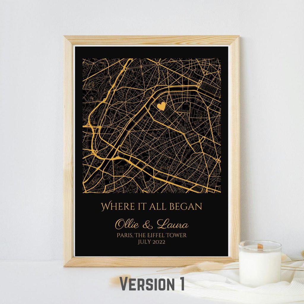 Personalised Map Print with gold foil: Where It All Began - Custom Anniversary, Wedding, Graduation & Birthday Gift