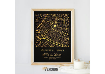 Personalised Gold Foil Map Print: Where It All Began - Custom Anniversary, Wedding & Birthday Gift