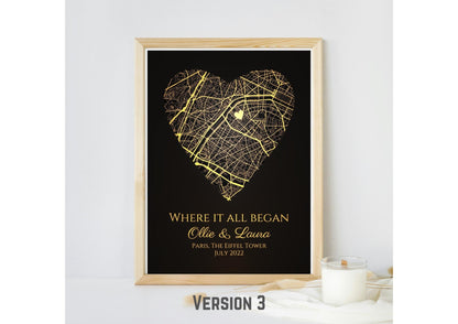 Personalised Gold Foil Map Print: Where It All Began - Custom Anniversary, Wedding & Birthday Gift