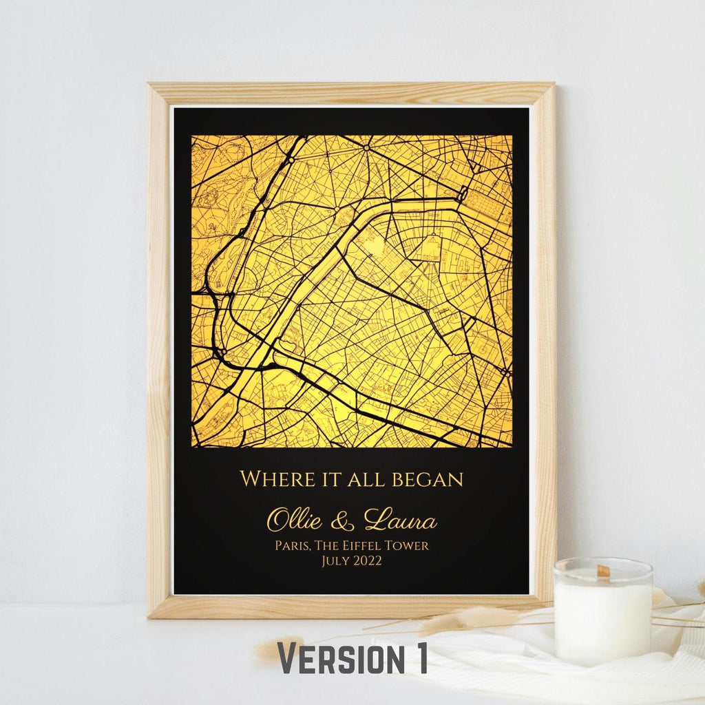 Personalised Map Print with gold foil: Where It All Began - Custom Anniversary, Wedding, Graduation & Birthday Gift