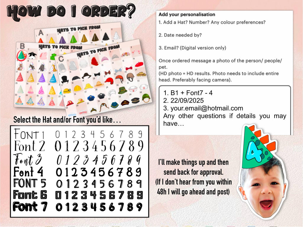 How to order custom face cutouts with hats and numbers. Includes hat and font charts, personalization steps, and sample with child’s face. Great for birthday decor, party confetti, and digital party supplies.