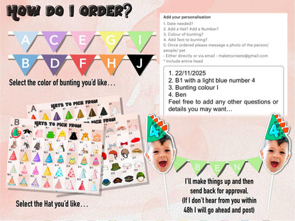 How to order personalised bunting – choose bunting colour, hat style, and text. Add date needed, numbers, and custom text. Includes ordering example and preview of final product for birthdays and parties.