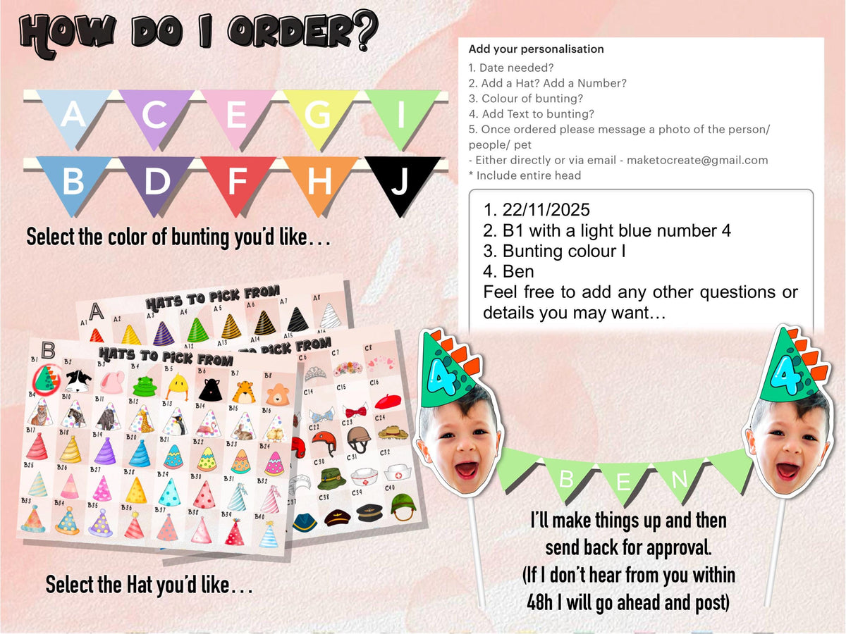 How to order personalised bunting – choose bunting colour, hat style, and text. Add date needed, numbers, and custom text. Includes ordering example and preview of final product for birthdays and parties.