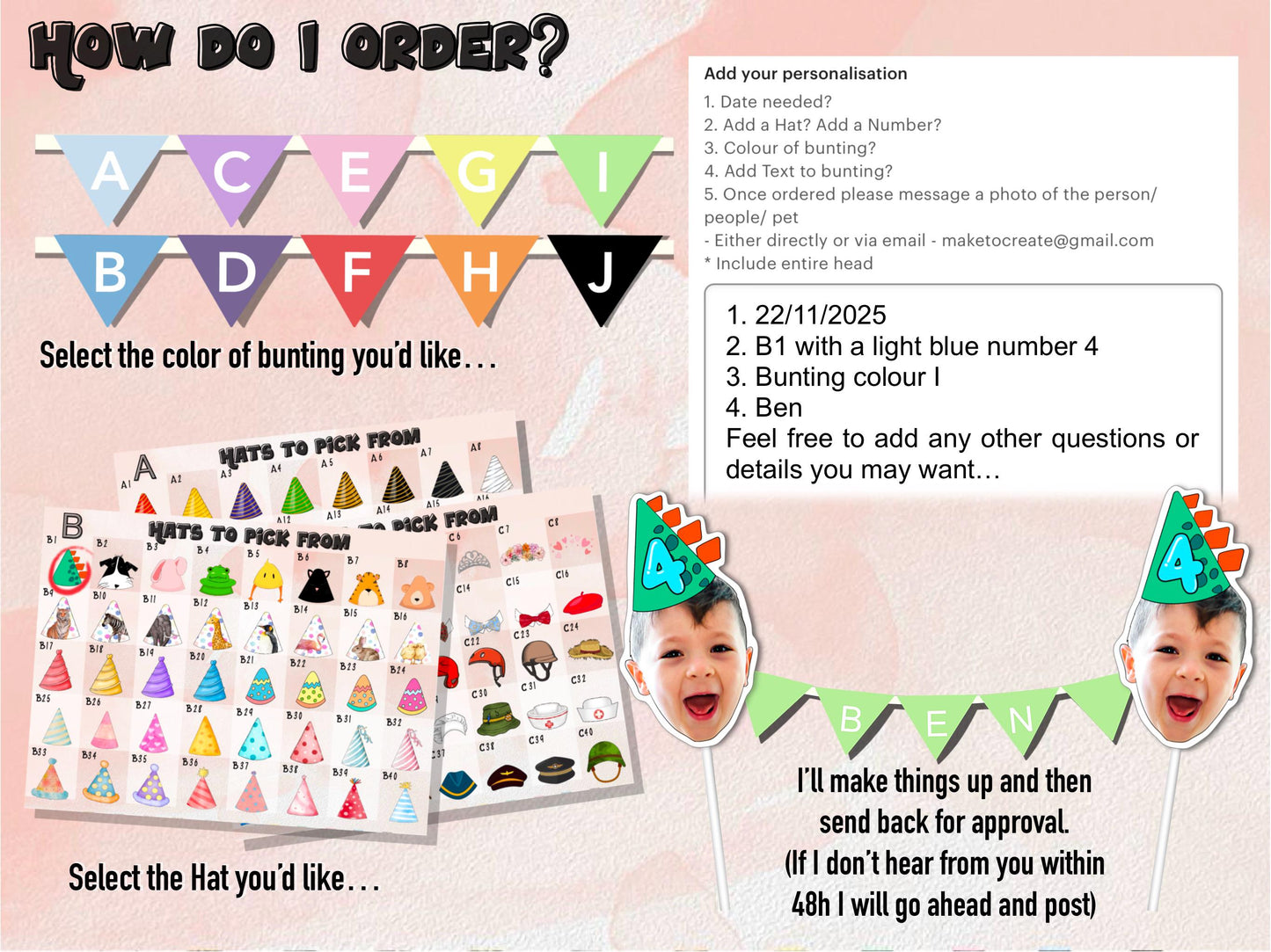 How to order personalised bunting – choose bunting colour, hat style, and text. Add date needed, numbers, and custom text. Includes ordering example and preview of final product for birthdays and parties.