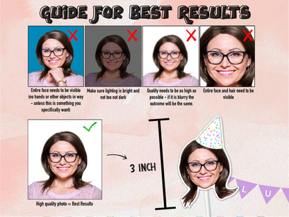Guide for Best Results – Custom Face Bunting. Shows good vs bad photo quality, tips for sending images for personalisation, and final bunting examples. Ideal for birthdays, weddings, hen parties, and celebrations.