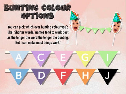 Bunting colour options for personalised party bunting – 10 colour choices including pastel, brights, and bolds. Perfect for birthdays, weddings, and celebrations with custom text or names.