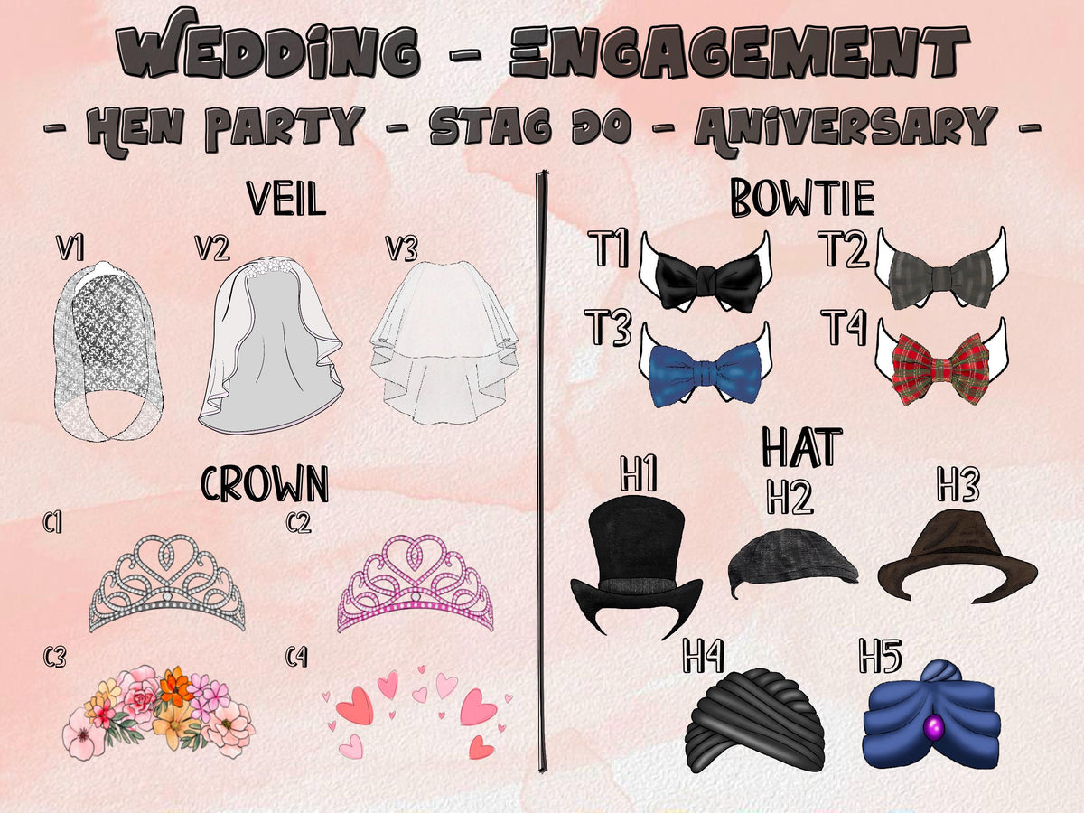 Wedding & party accessory options for personalised face products – veils, crowns, hats, and bowties in multiple styles and colours. Perfect for weddings, engagements, hen parties, stag dos, and anniversaries.