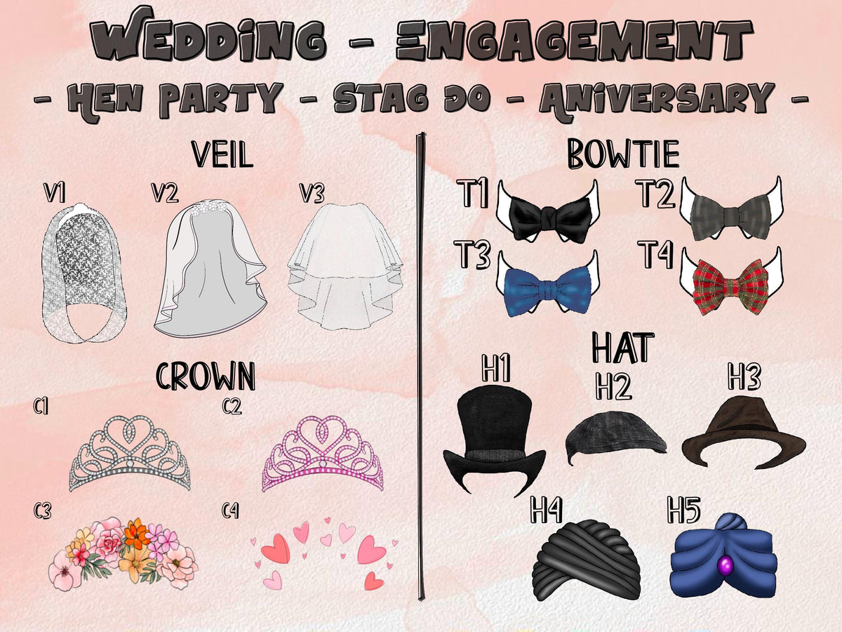 Wedding & party accessory options for personalised face products – veils, crowns, hats, and bowties in multiple styles and colours. Perfect for weddings, engagements, hen parties, stag dos, and anniversaries.