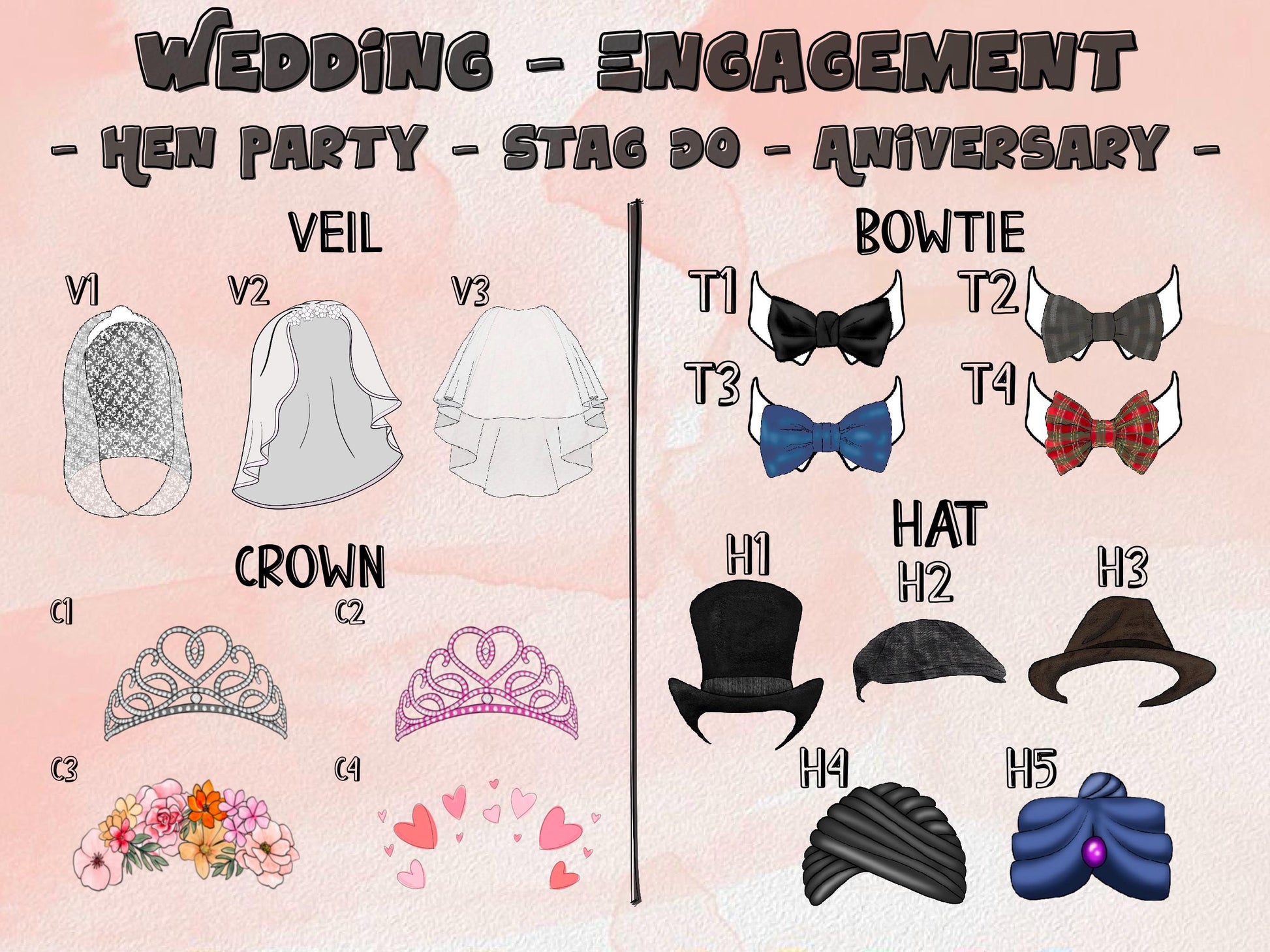Wedding & party accessory options for personalised face products – veils, crowns, hats, and bowties in multiple styles and colours. Perfect for weddings, engagements, hen parties, stag dos, and anniversaries.