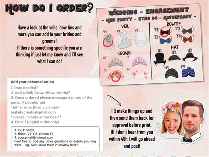 How to order wedding and event accessories for personalised face products – choose veils, crowns, hats, or bow ties. Includes example personalisation for brides, grooms, and special occasions.