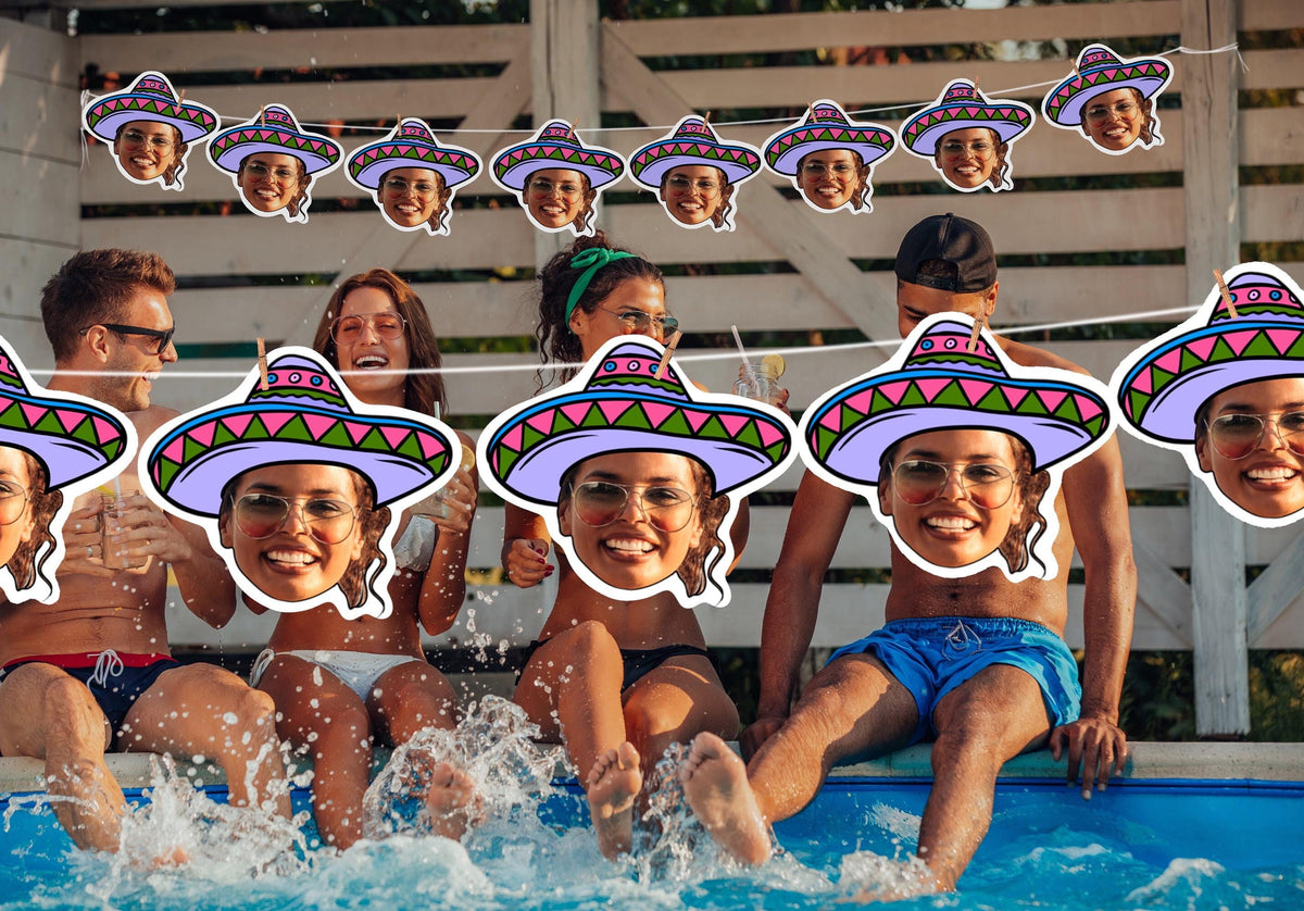Pool party with custom face banner featuring sombrero hats, hung above friends enjoying drinks and splashing water. Perfect personalised decoration for summer parties and celebrations.