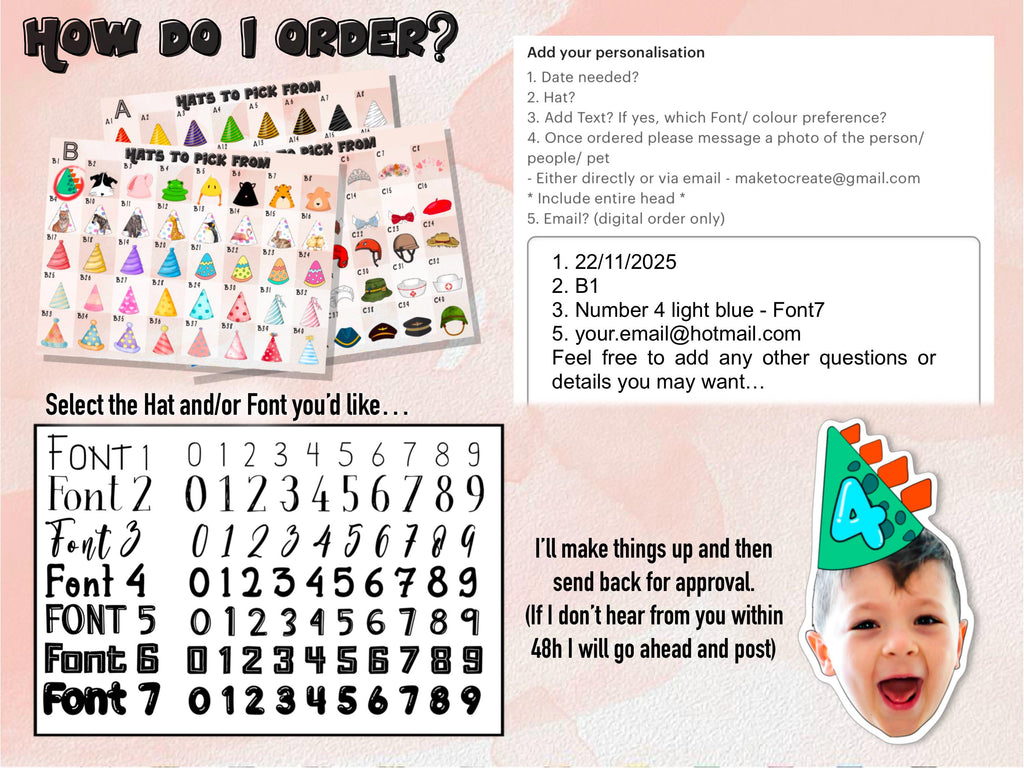 How to order custom face cutouts with hats and numbers. Includes hat and font charts, personalization steps, and sample with child’s face. Great for birthday decor, party confetti, and digital party supplies.