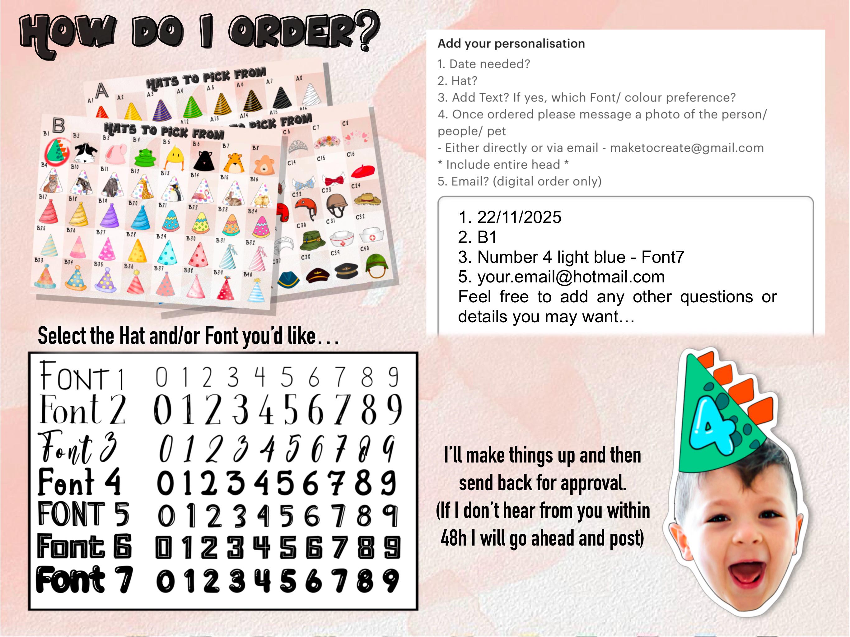 How to order custom face cutouts with hats and numbers. Includes hat and font charts, personalization steps, and sample with child’s face. Great for birthday decor, party confetti, and digital party supplies.