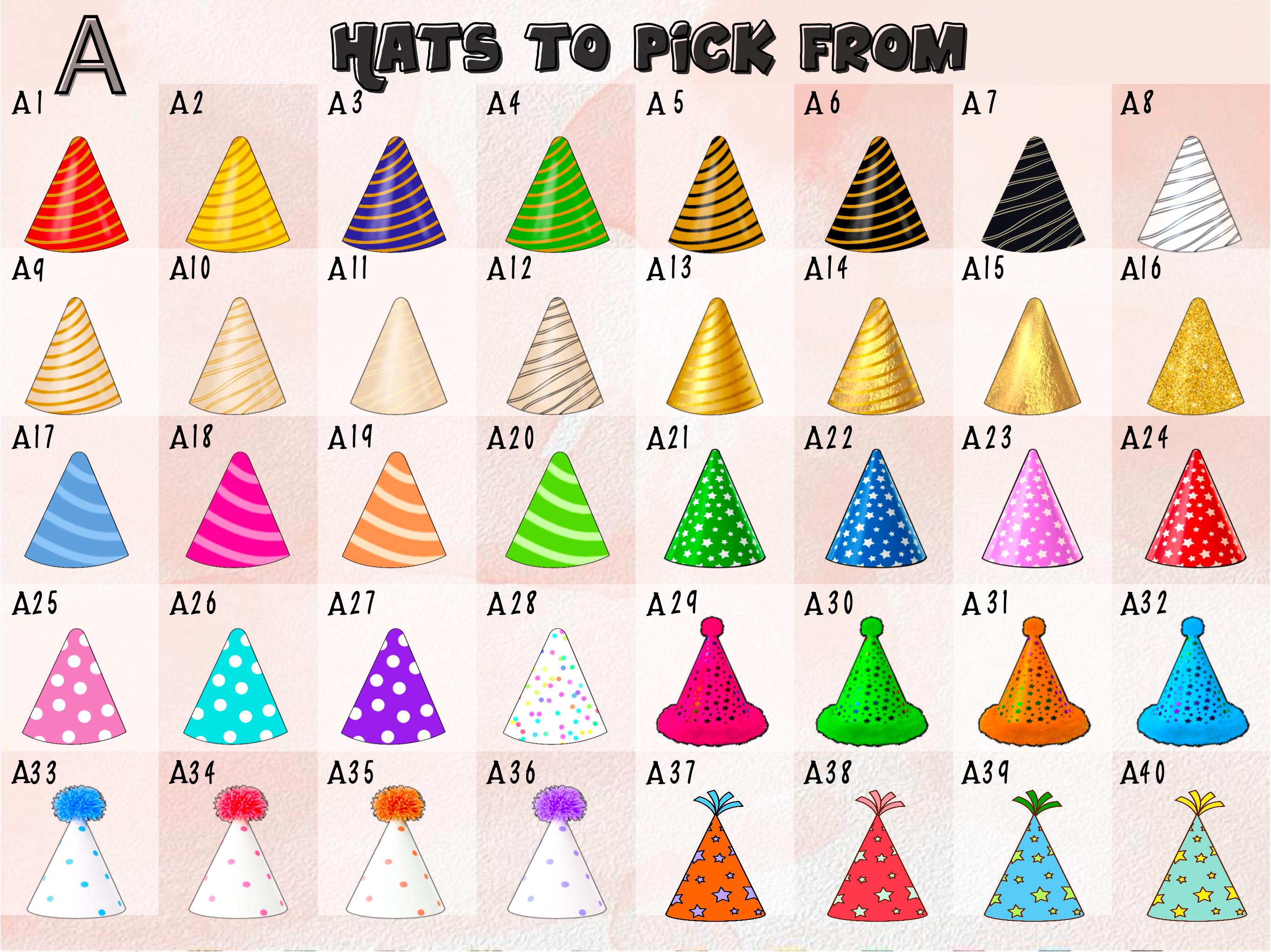 Hat selection chart (Set A) for face cutouts. Features 40 classic party hats in colourful stripes, dots, glitter, and star patterns. Great for birthday decorations, confetti, or personalised party accessories.
