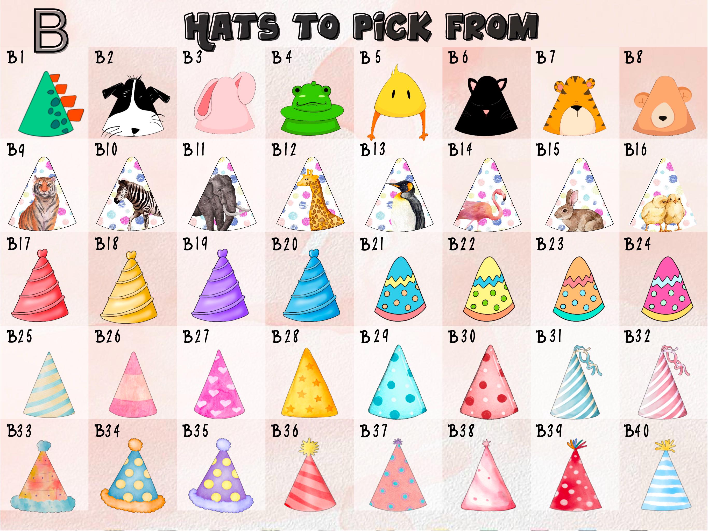 Hat selection chart (Set B) with 40 fun designs for face cutouts. Includes party hats, animals, polka dots, stripes, and birthday styles. Ideal for kids’ parties, custom decor, or digital printables.