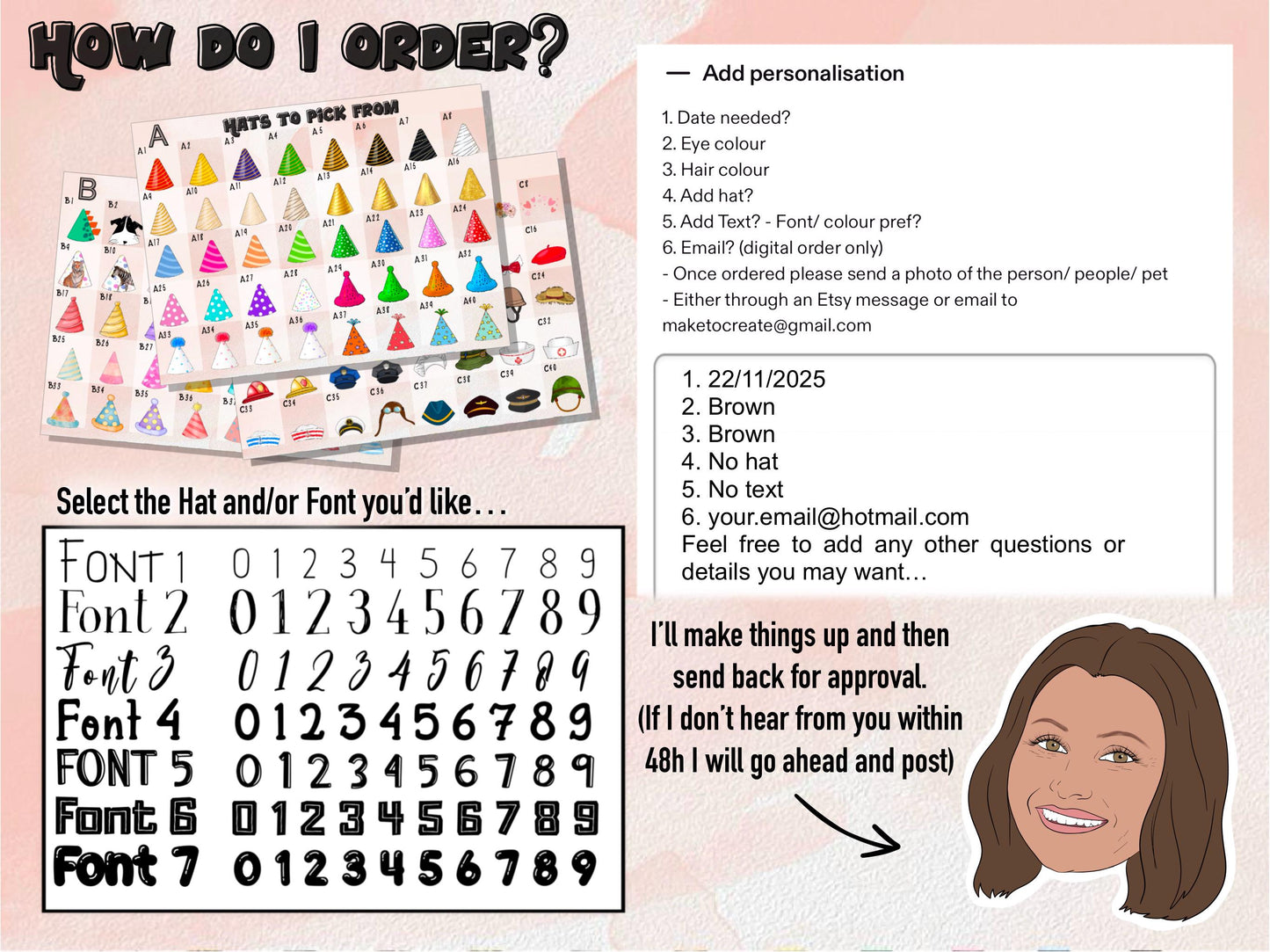 Custom order guide for personalised face decorations. Includes hat style chart, font options, and instructions for providing details such as date, eye and hair colour, optional hat, text, and email for digital orders.