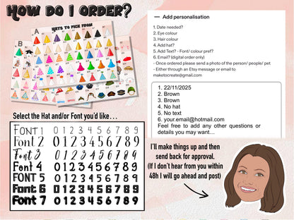 Custom order guide for personalised face decorations. Includes hat style chart, font options, and instructions for providing details such as date, eye and hair colour, optional hat, text, and email for digital orders.