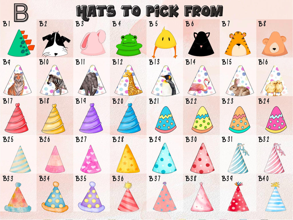 Hat selection chart (Set B) with 40 fun designs for face cutouts. Includes party hats, animals, polka dots, stripes, and birthday styles. Ideal for kids’ parties, custom decor, or digital printables.
