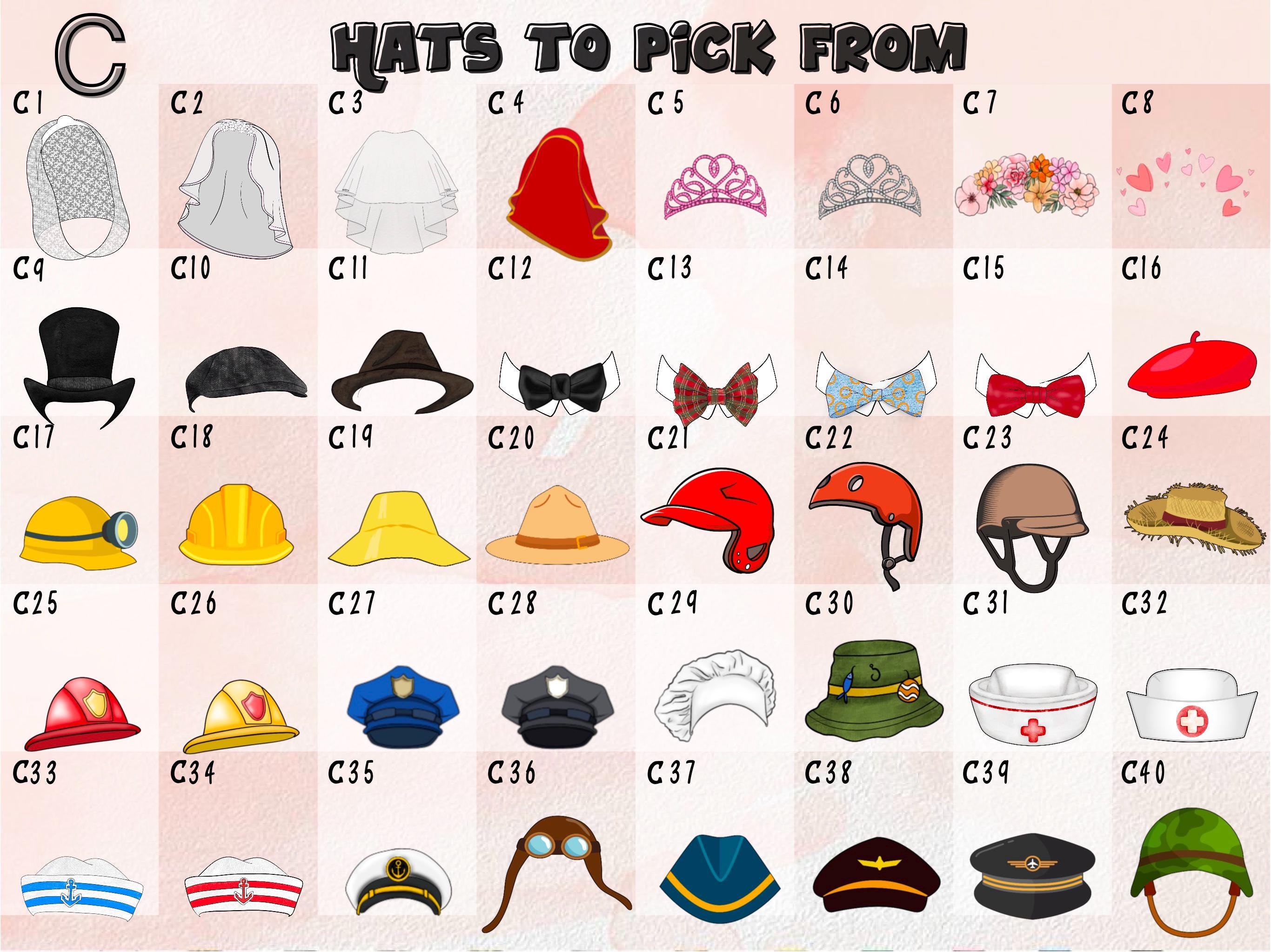 Hat selection chart (Set C) for custom face cutouts. Includes veils, helmets, bows, nurse hats, top hats, crowns, and job uniforms. Great for party confetti, themed decorations, or personalised digital downloads.