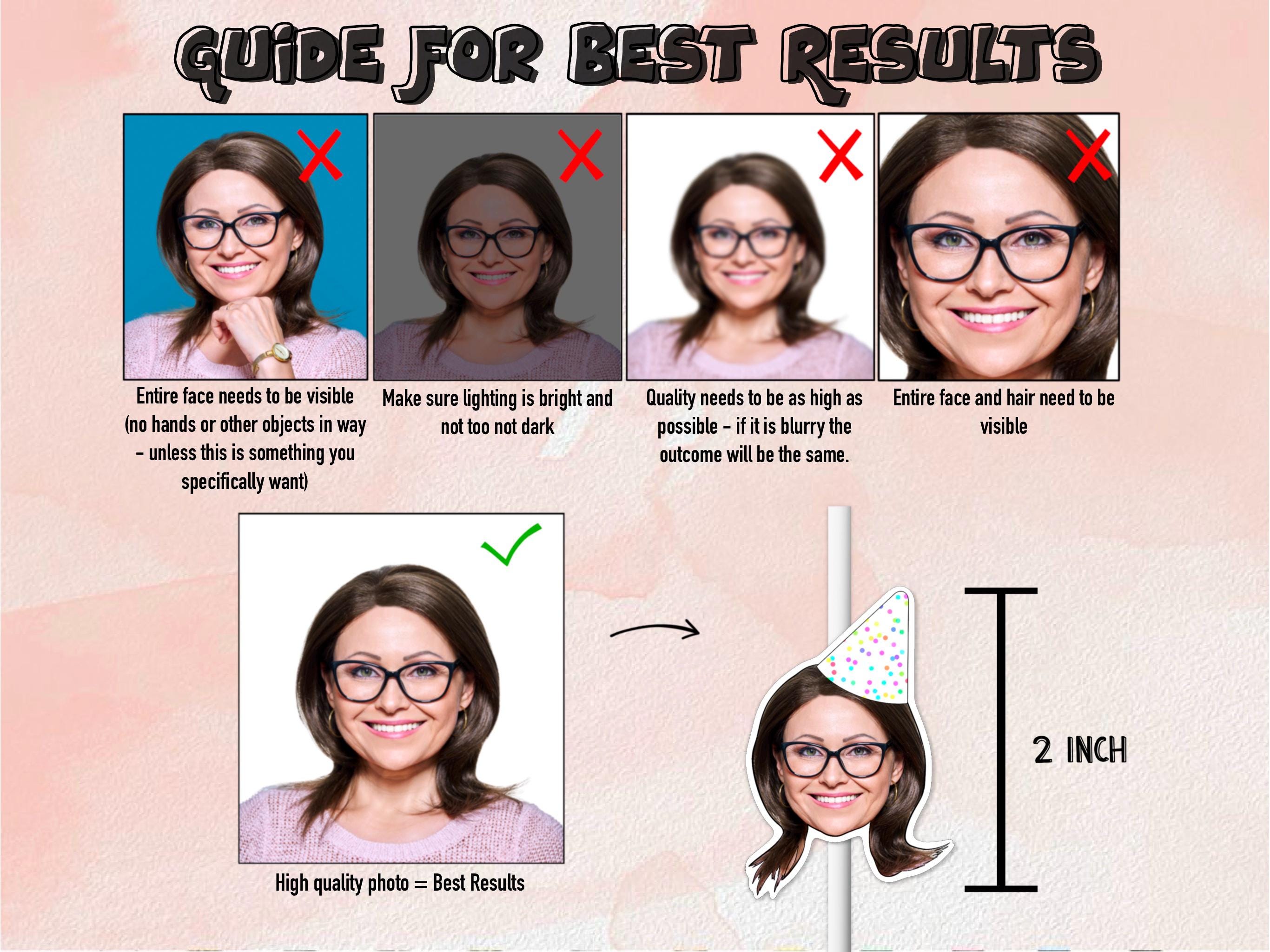 Guide for Best Results – Custom Face Straws. Shows good vs bad photo quality, tips for sending images for personalisation, and final straw examples. Perfect for birthdays, weddings, hen parties, and celebrations.