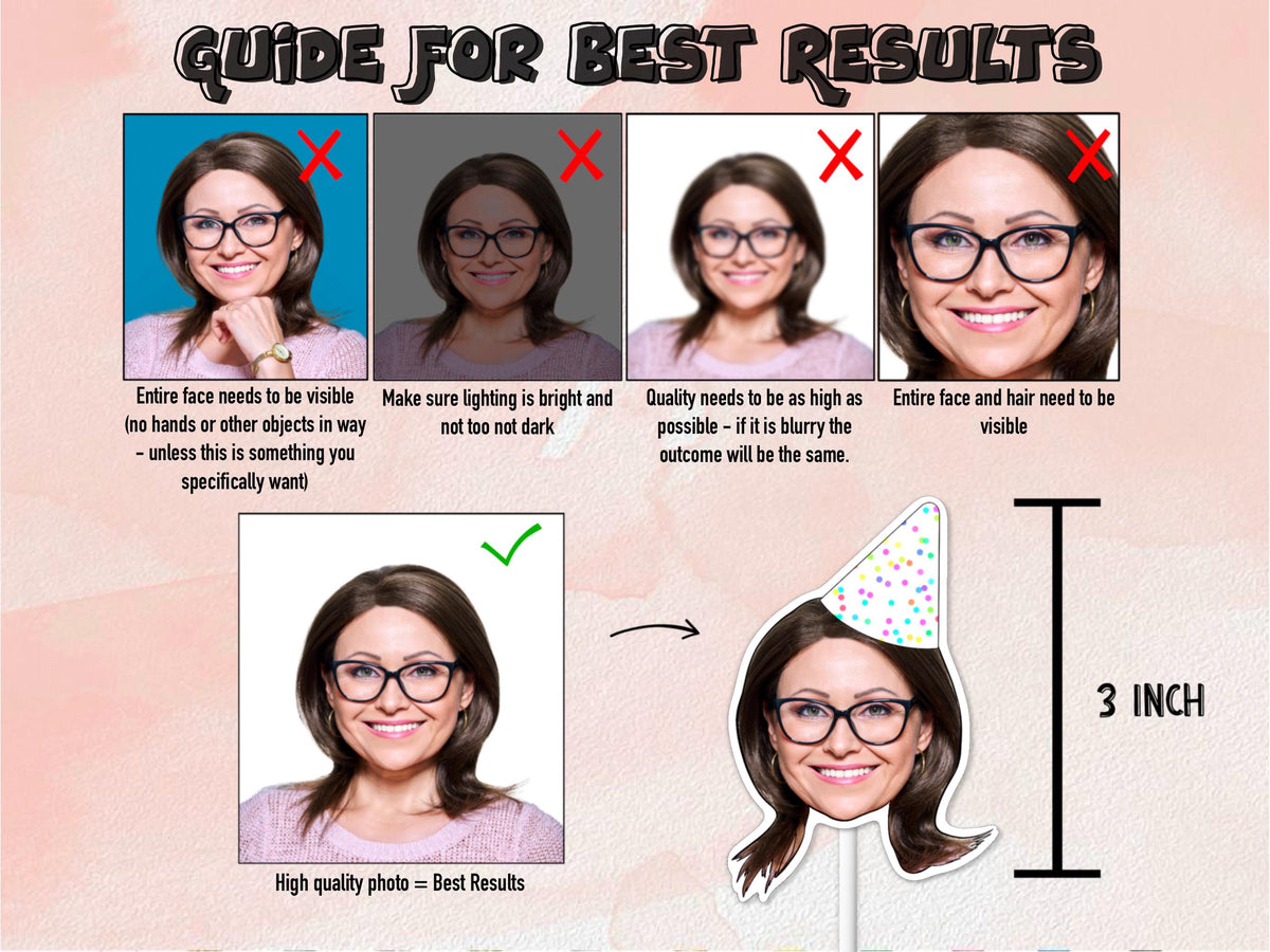 Guide for Best Results – Custom Face Cupcake Toppers. Shows good vs bad photo quality, tips for sending images for personalisation, and final topper examples. Perfect for birthdays, weddings, and party cupcakes.