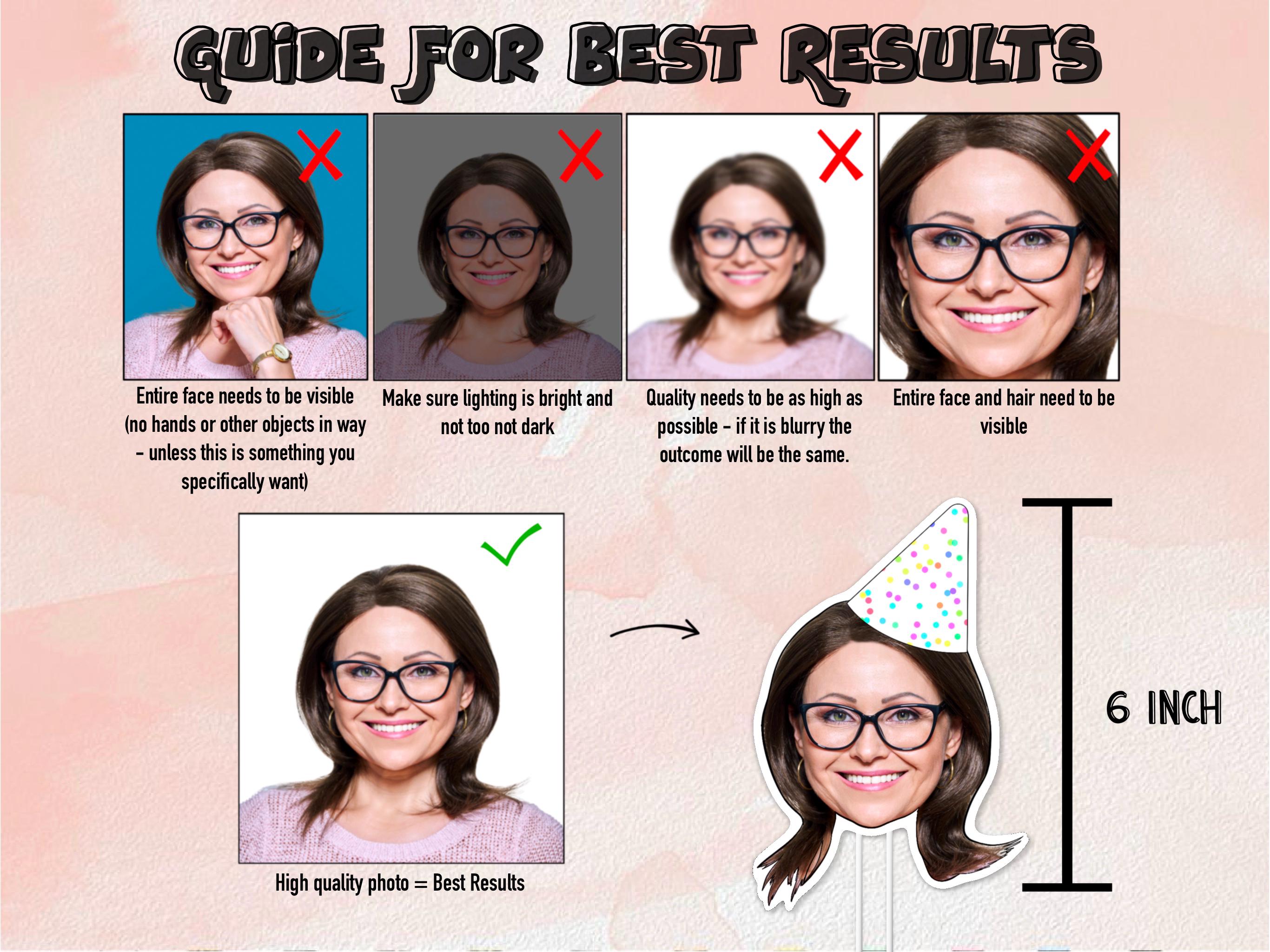Guide for Best Results – Custom Face Cake Topper. Shows good vs bad photo quality, tips for sending images for personalisation, and final topper examples. Perfect for weddings, birthdays, and special celebrations.