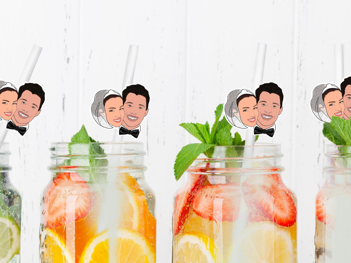 Personalised wedding drink straws with cartoon bride and groom faces, custom made from your photos. Perfect for hen parties, wedding receptions, engagement celebrations, and bridal showers. Fun, unique party drink decoration.