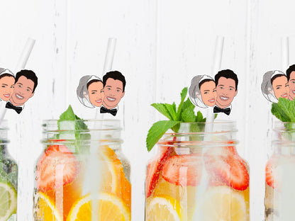 Personalised wedding drink straws with cartoon bride and groom faces, custom made from your photos. Perfect for hen parties, wedding receptions, engagement celebrations, and bridal showers. Fun, unique party drink decoration.