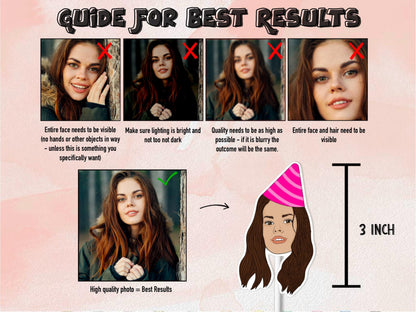 Guide showing best photo tips for 3-inch custom face cutouts. Examples of good and bad lighting, visibility, and clarity for high-quality cartoon decorations.