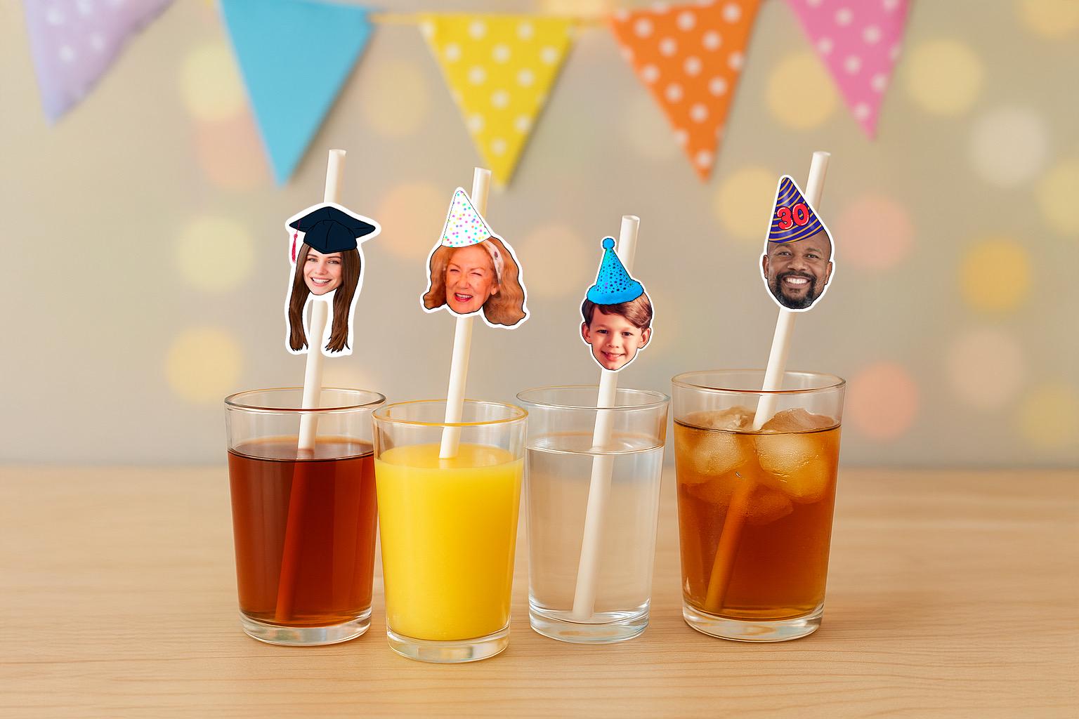 Personalised Photo Straws with Custom Hats for Birthdays, Weddings, and Celebrations