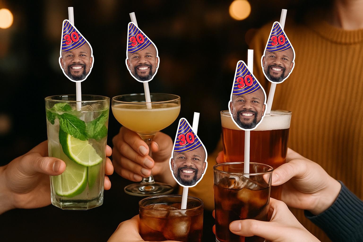 Personalised Photo Straws with Custom Hats for Birthdays, Weddings, and Celebrations