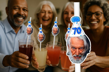 70th Birthday Party Straws – Personalised Face Drink Decorations – Funny 80th, 90th & 100th Birthday Party Supplies – Custom Drink Favours