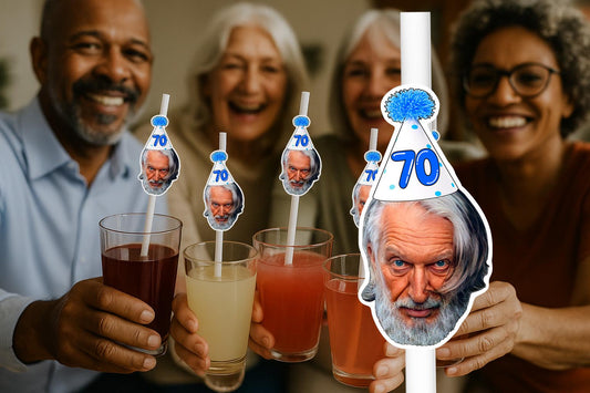 70th Birthday Party Straws – Personalised Face Drink Decorations – Funny 80th, 90th & 100th Birthday Party Supplies – Custom Drink Favours