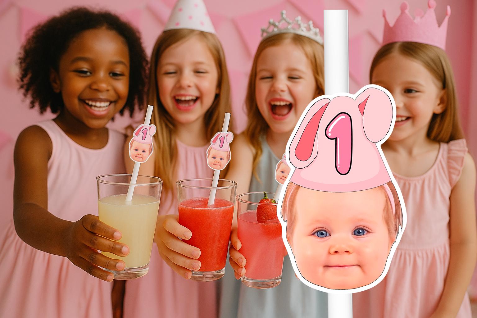 1st Birthday Party Straws – Personalised Baby Face Drink Decorations – Custom First Birthday Party Supplies – Funny Kids Party Favours
