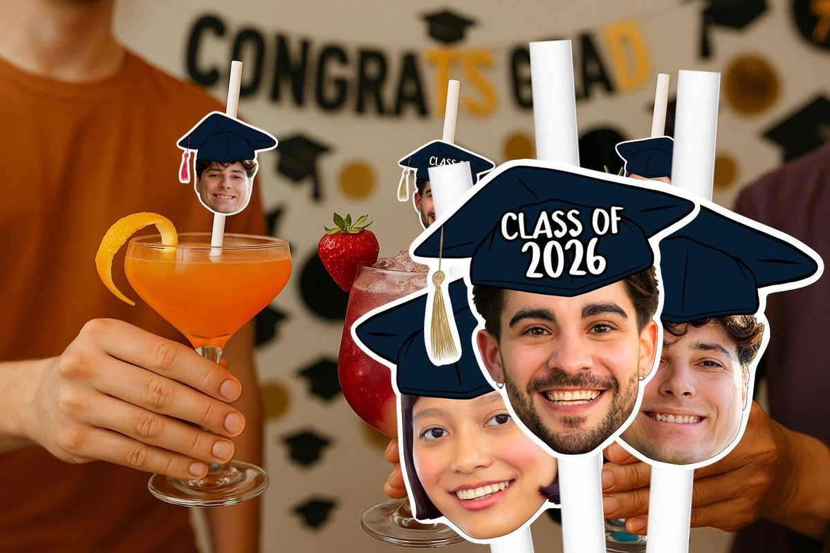 Graduation Party Straws – Personalised Graduate Face Drink Decorations – Custom Class of 2025 Party Supplies – Funny Graduation Favours