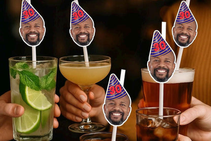 30th Birthday Party Straws – Personalised Face Drink Decorations – Funny 40th, 50th & 60th Birthday Party Supplies – Custom Drink Favours