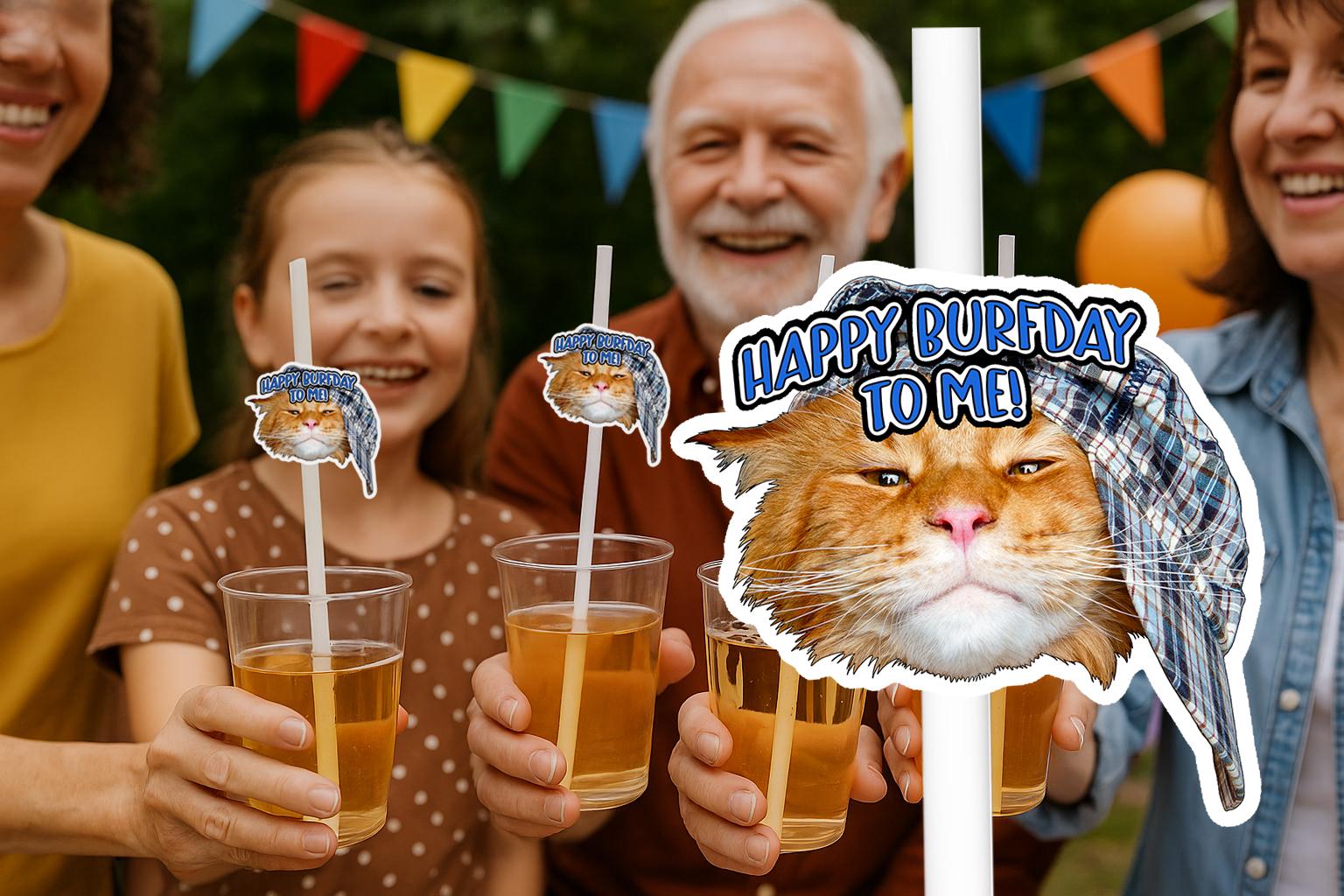 Cat Party Straws – Personalised Cat Face Drink Decorations – Custom Kitty Birthday Supplies – Funny Pet Party Favours