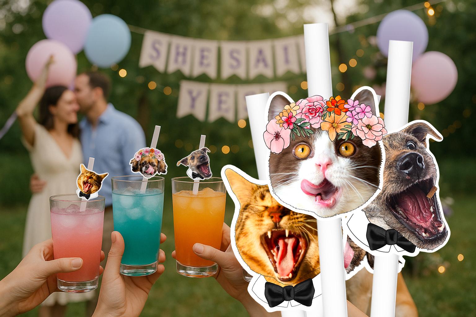 Pet Wedding Straws – Personalised Dog or Cat Face Wedding Drink Decorations – Custom Pet Wedding Favours – Engagement Party Straws