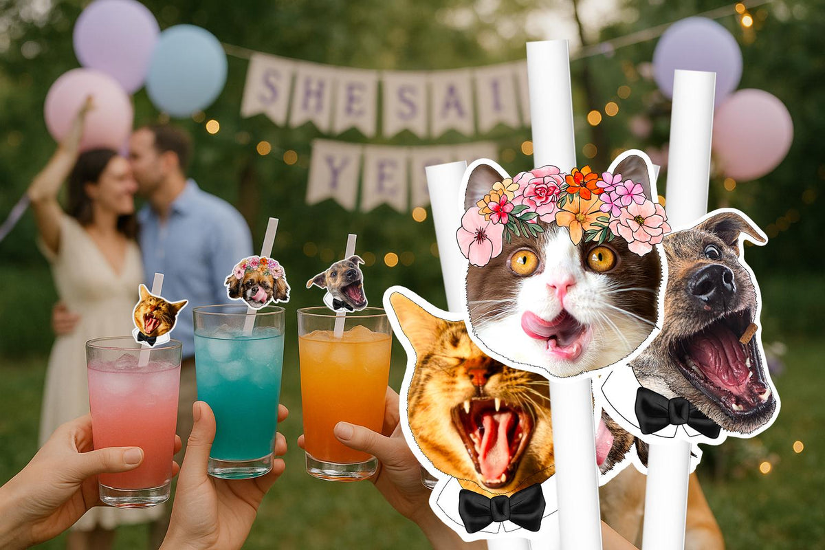 Pet Wedding Straws – Personalised Dog or Cat Face Wedding Drink Decorations – Custom Pet Wedding Favours – Engagement Party Straws